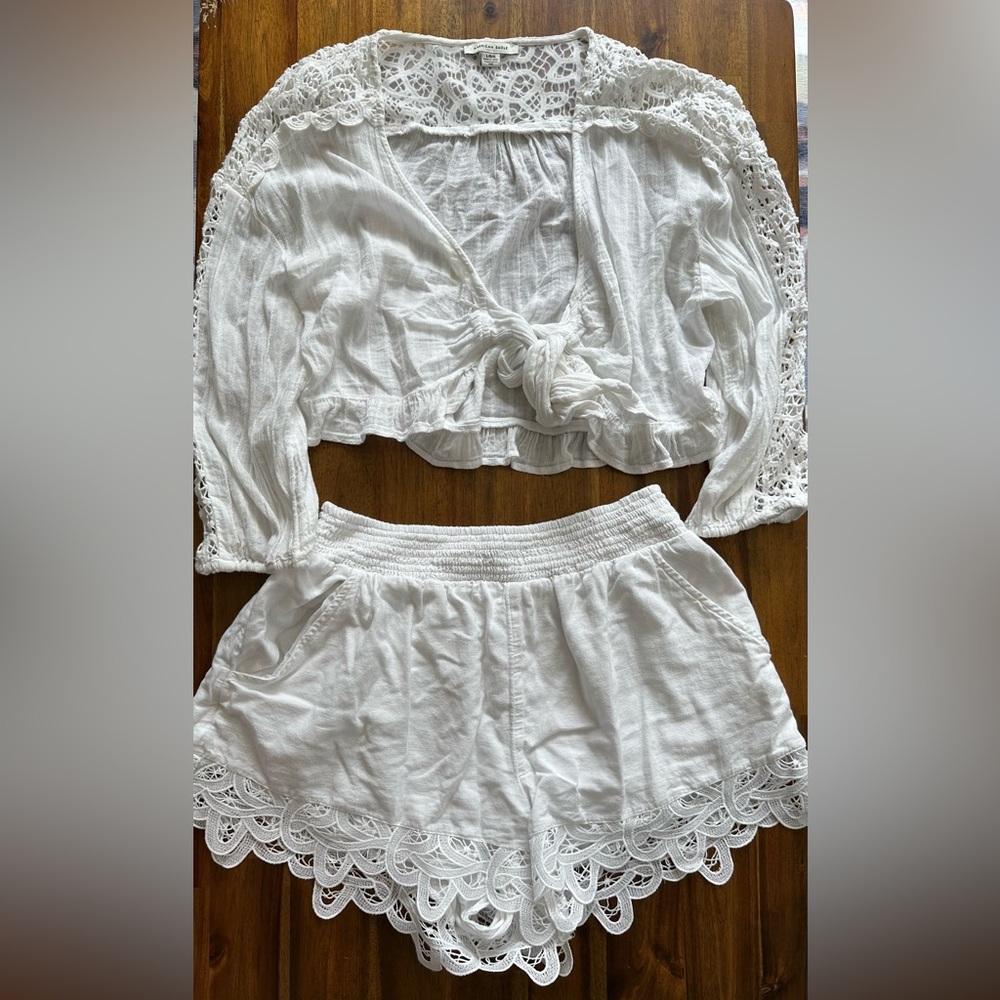 White Lace Trim Crop Top and Shorts Set